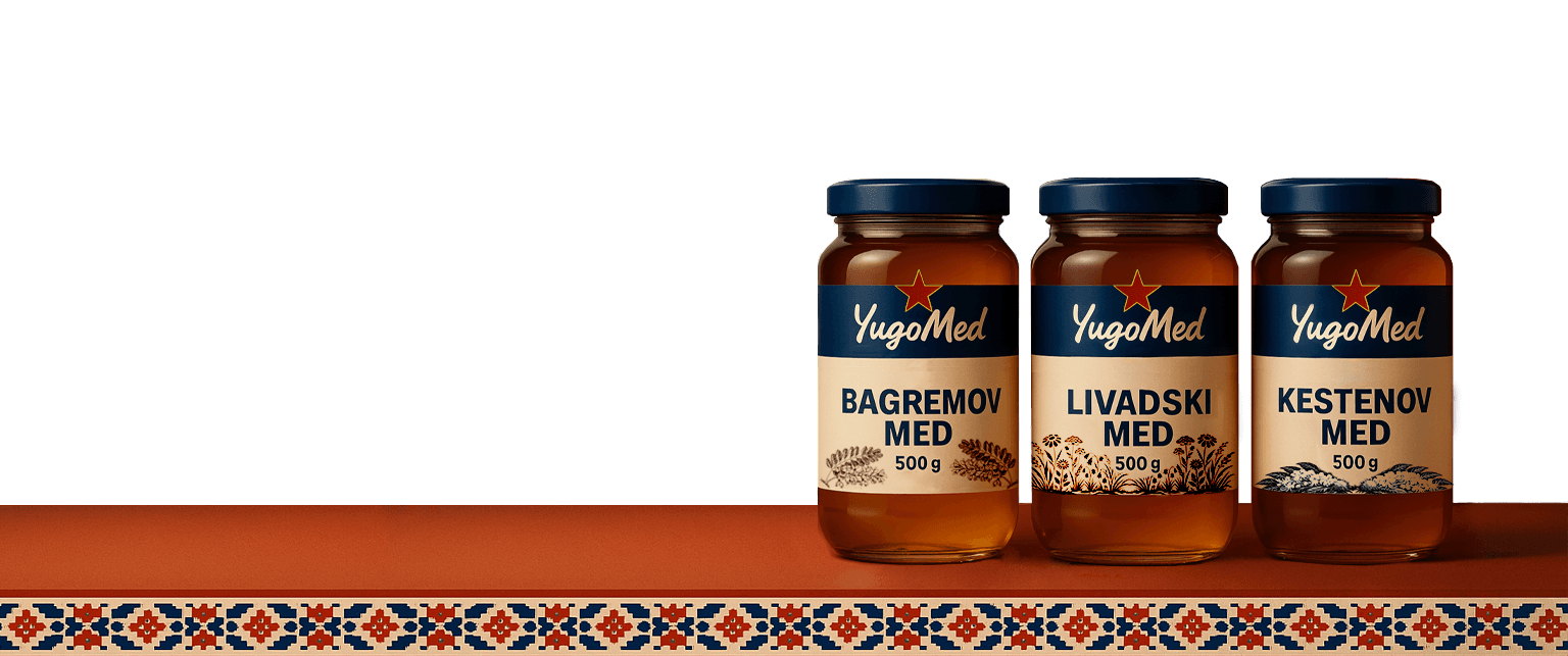 Lineup of Yugomed honey jars